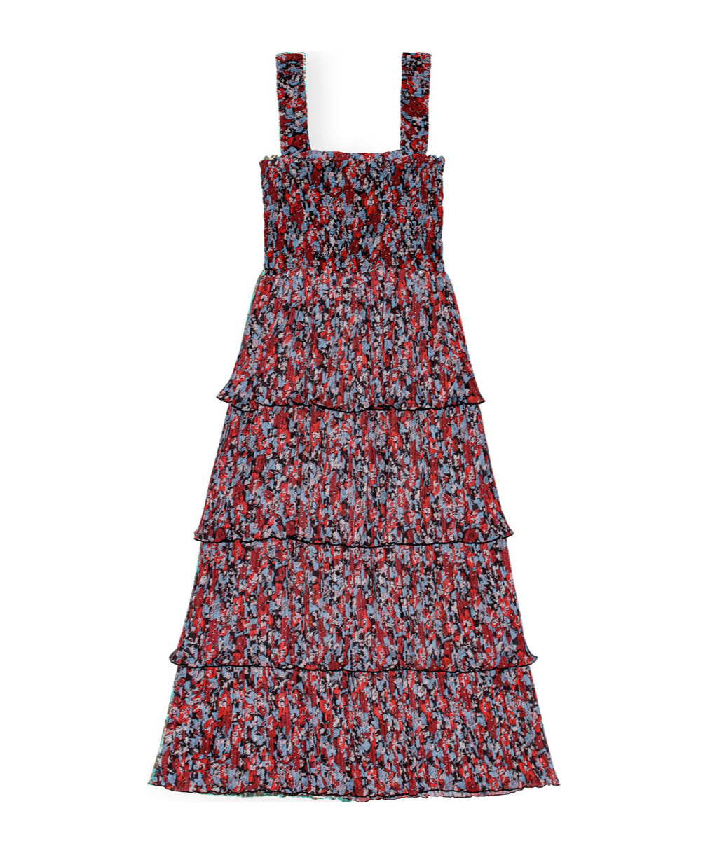 Ganni Red Pleated Georgette Flounce Smock Midi Dress In Red