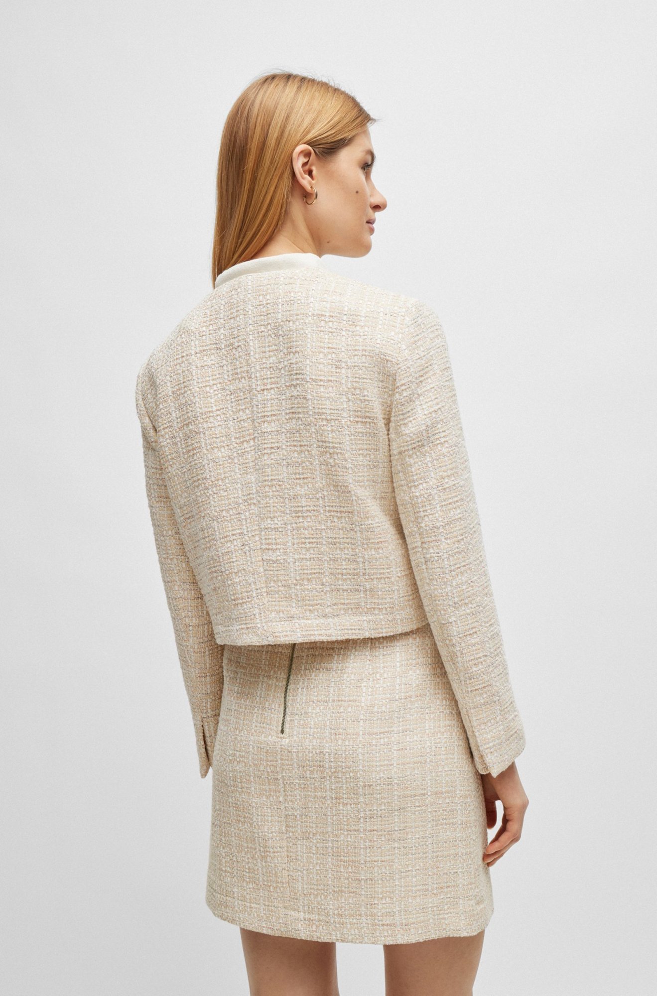 Hugo Boss Collarless Regular-fit Jacket In Melange Tweed In Nude