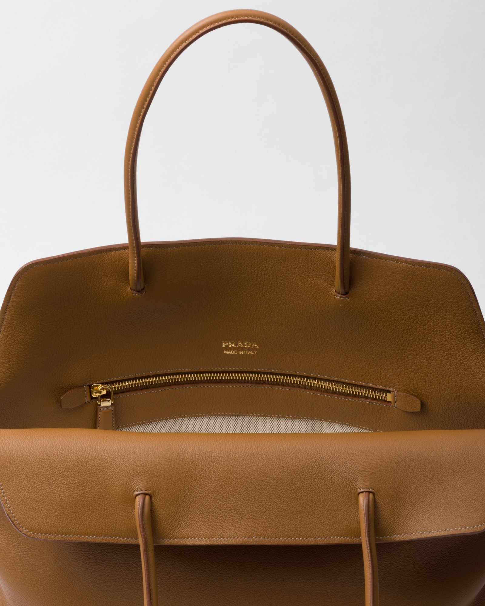 Prada Leather Shopping Bag With Structured Shape And Top Handles In Brown