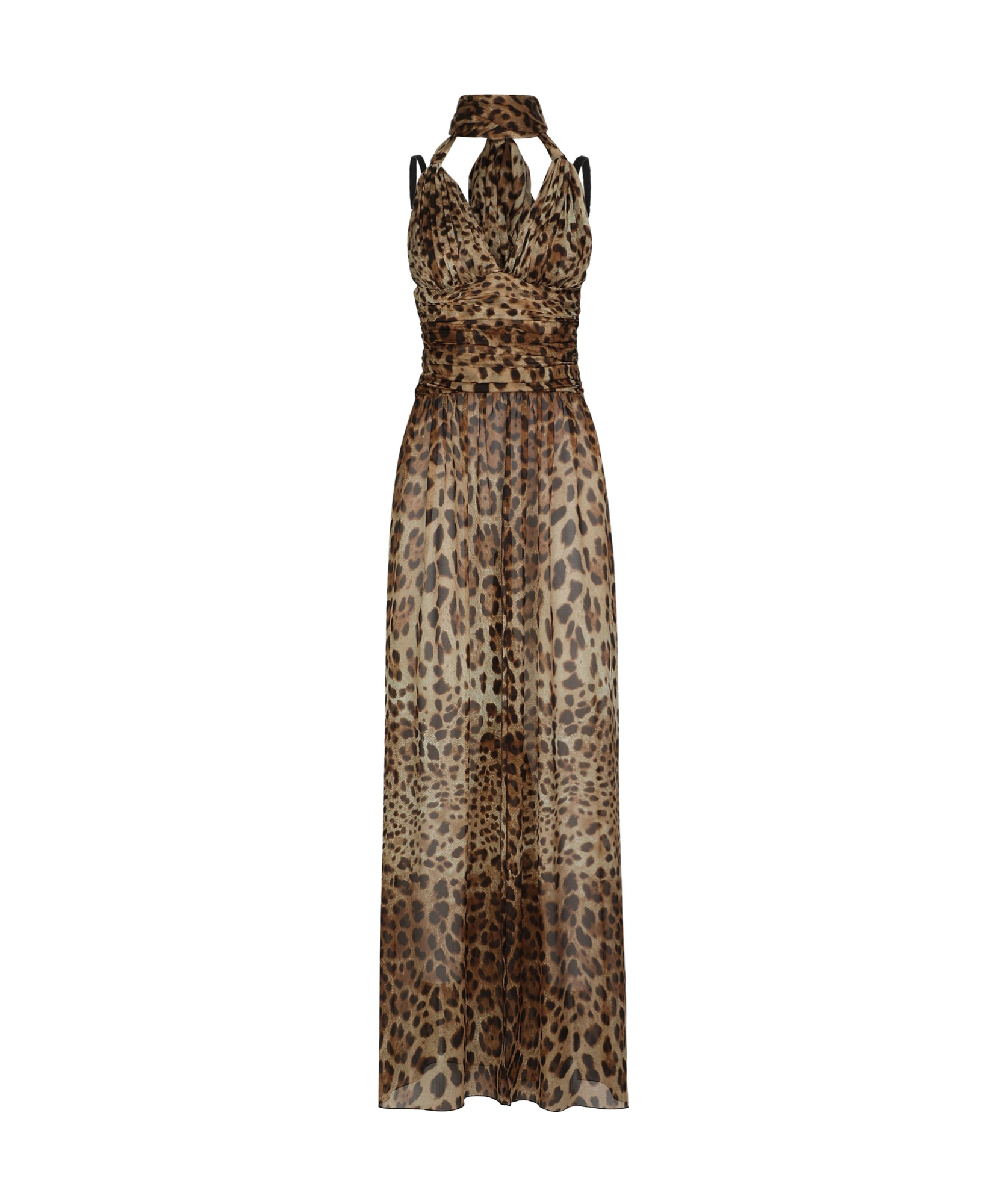 Dolce & Gabbana Leopard-print Halterneck Silk Gown In Brown