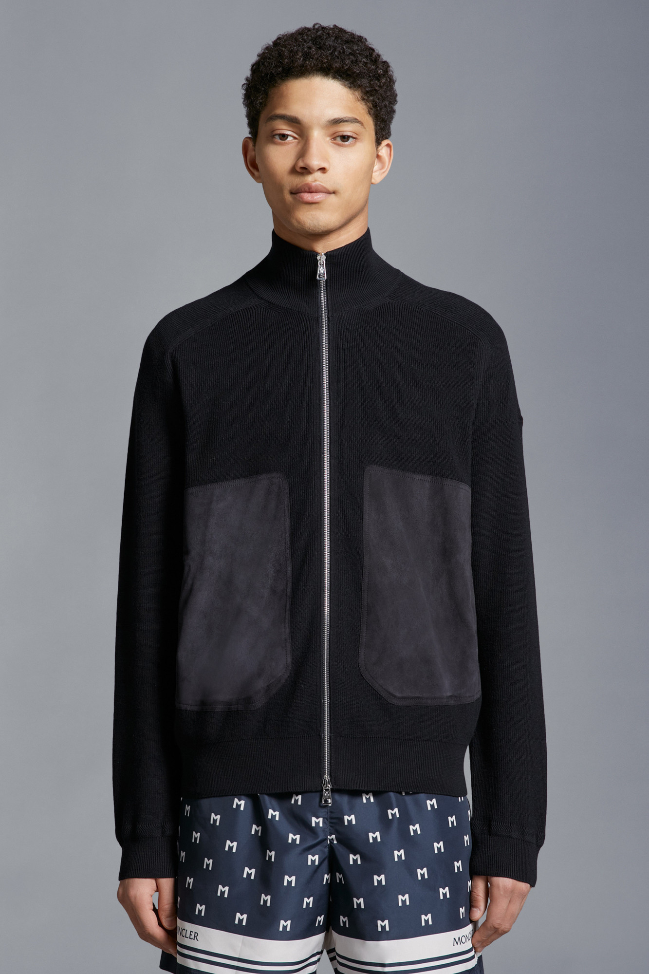 Moncler Suede-panels Cotton-blend Cardigan In Blue