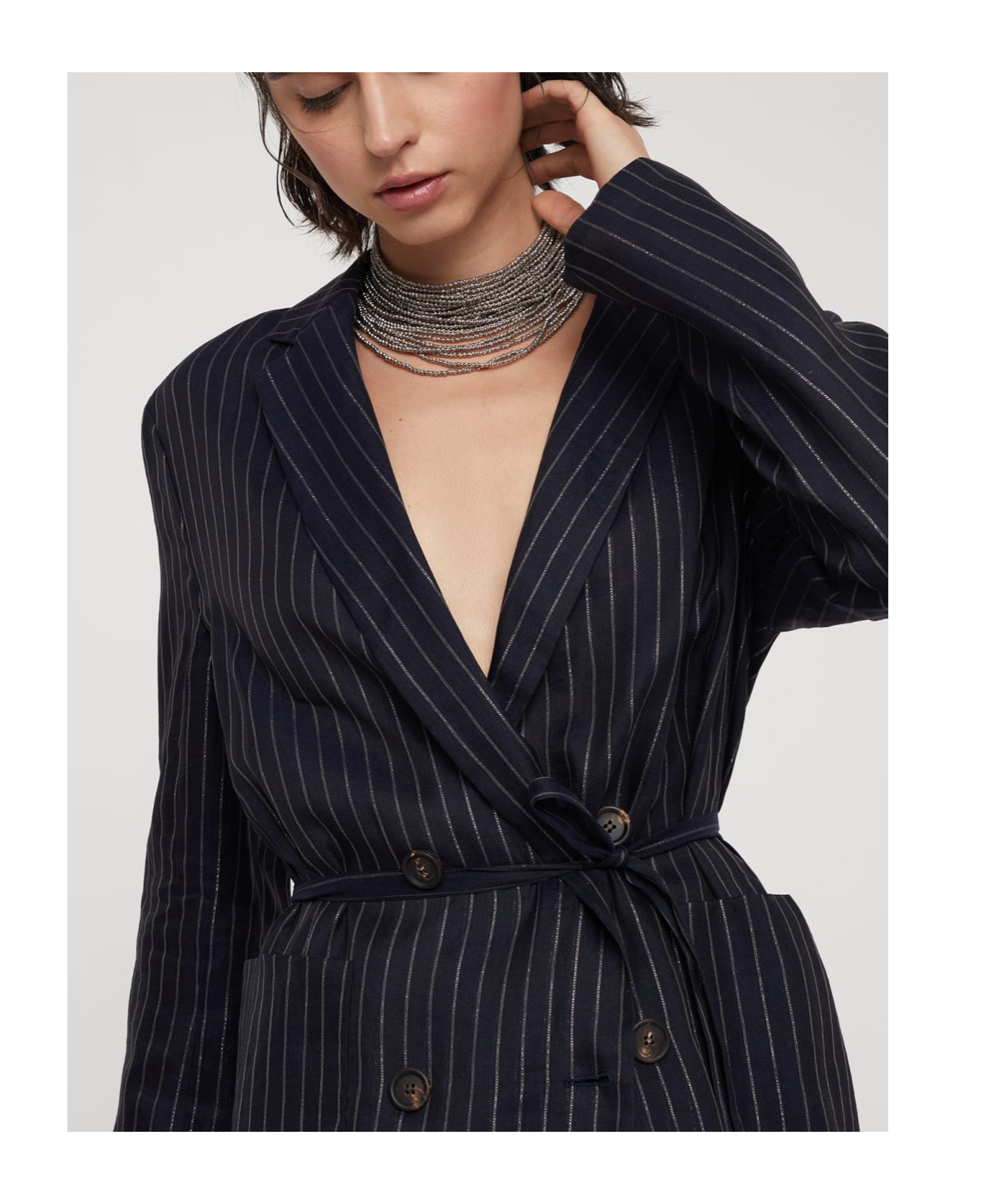 Brunello Cucinelli Double-breasted Jacket With Pinstripe Detail And Belted Waist In Black