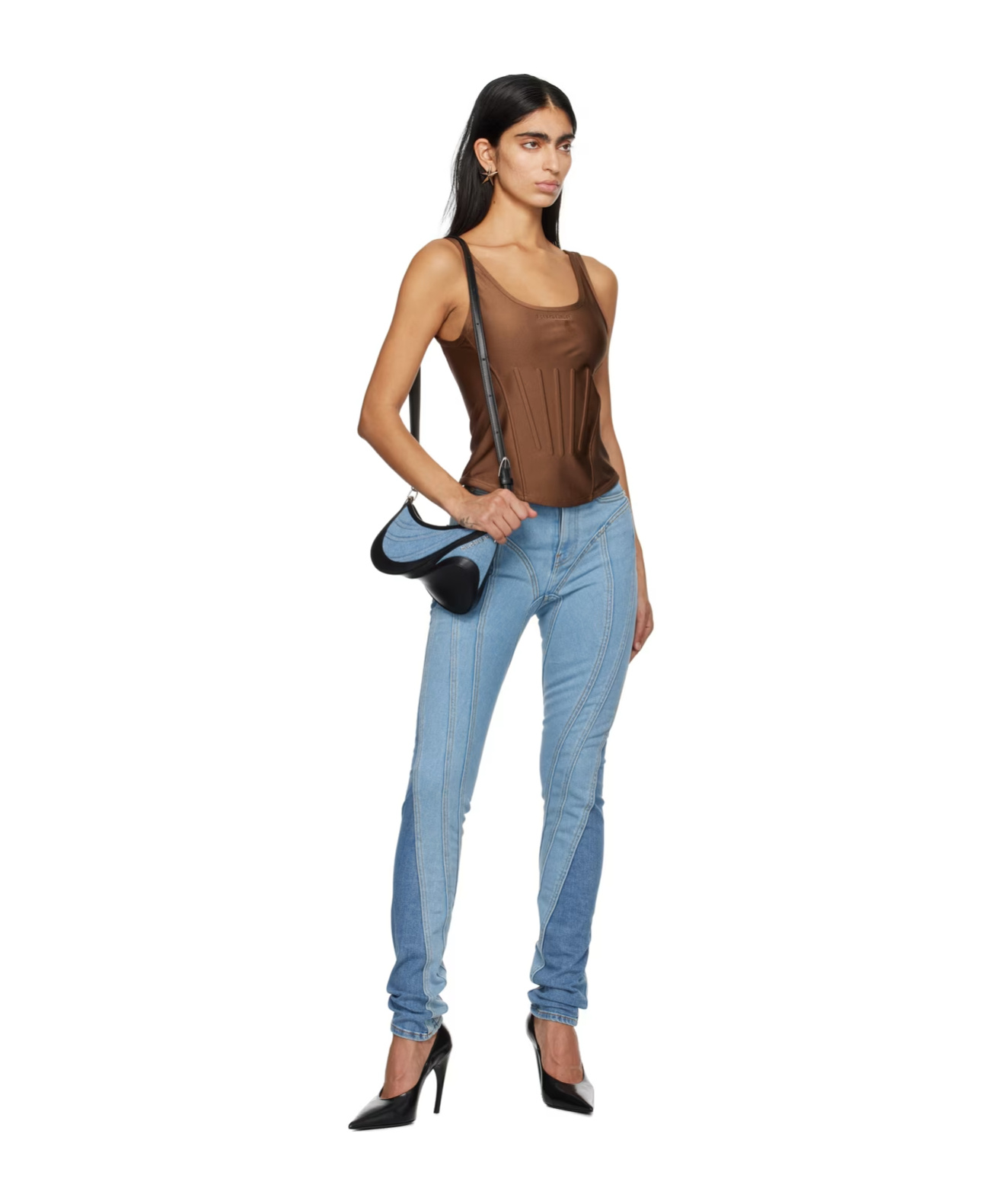 Mugler Embossed-logo Corset-style Top In Brown