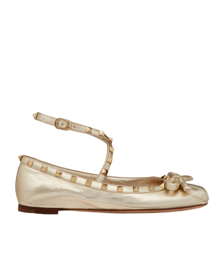 Shop Valentino Rockstud Laminated Nappa Leather Ballerina In Nude