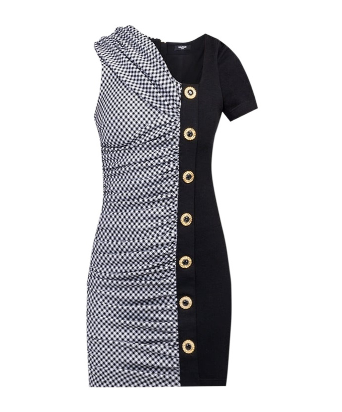 Balmain Short Sleeve Vichy Draped Jersey Dress In Black