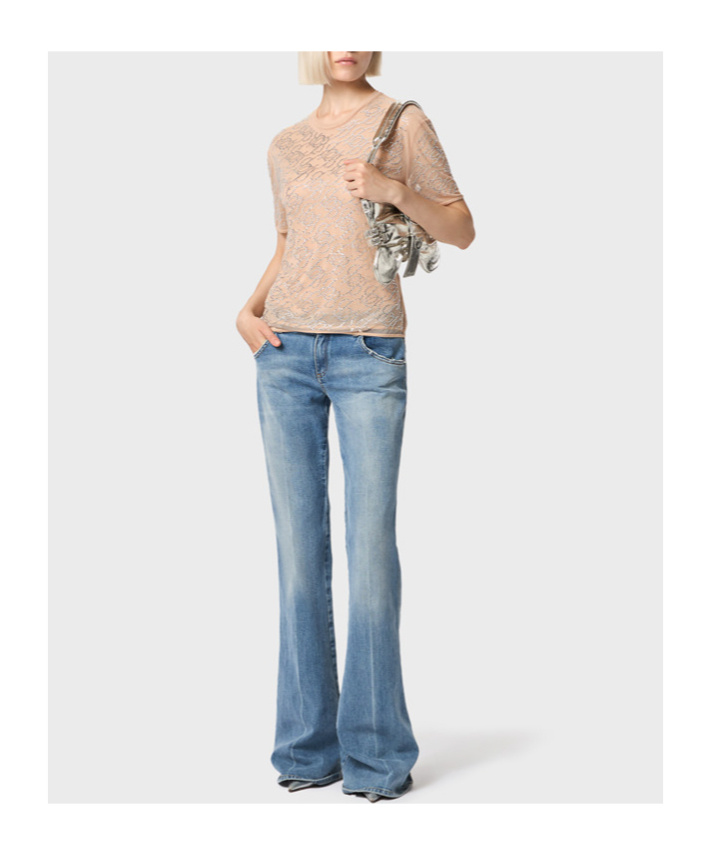 Blumarine Water Drill Embroidered Tulle T-shirt In Nude
