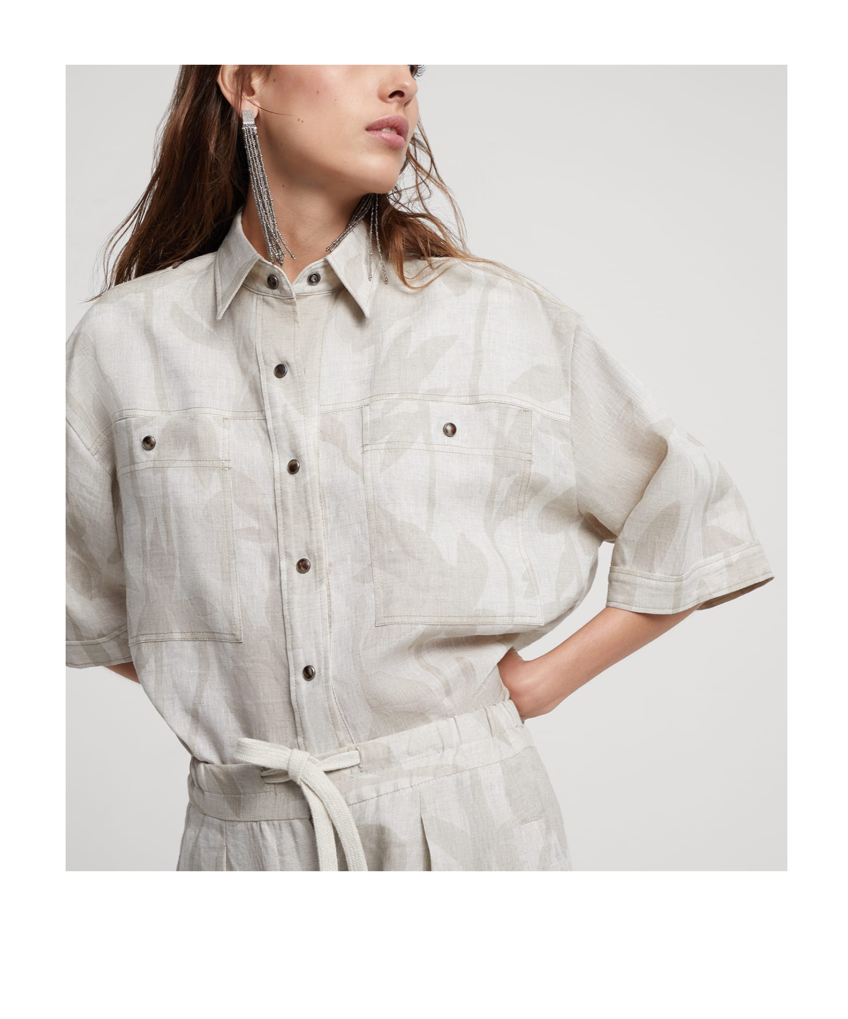 Brunello Cucinelli Floral-print Linen Shirt In White