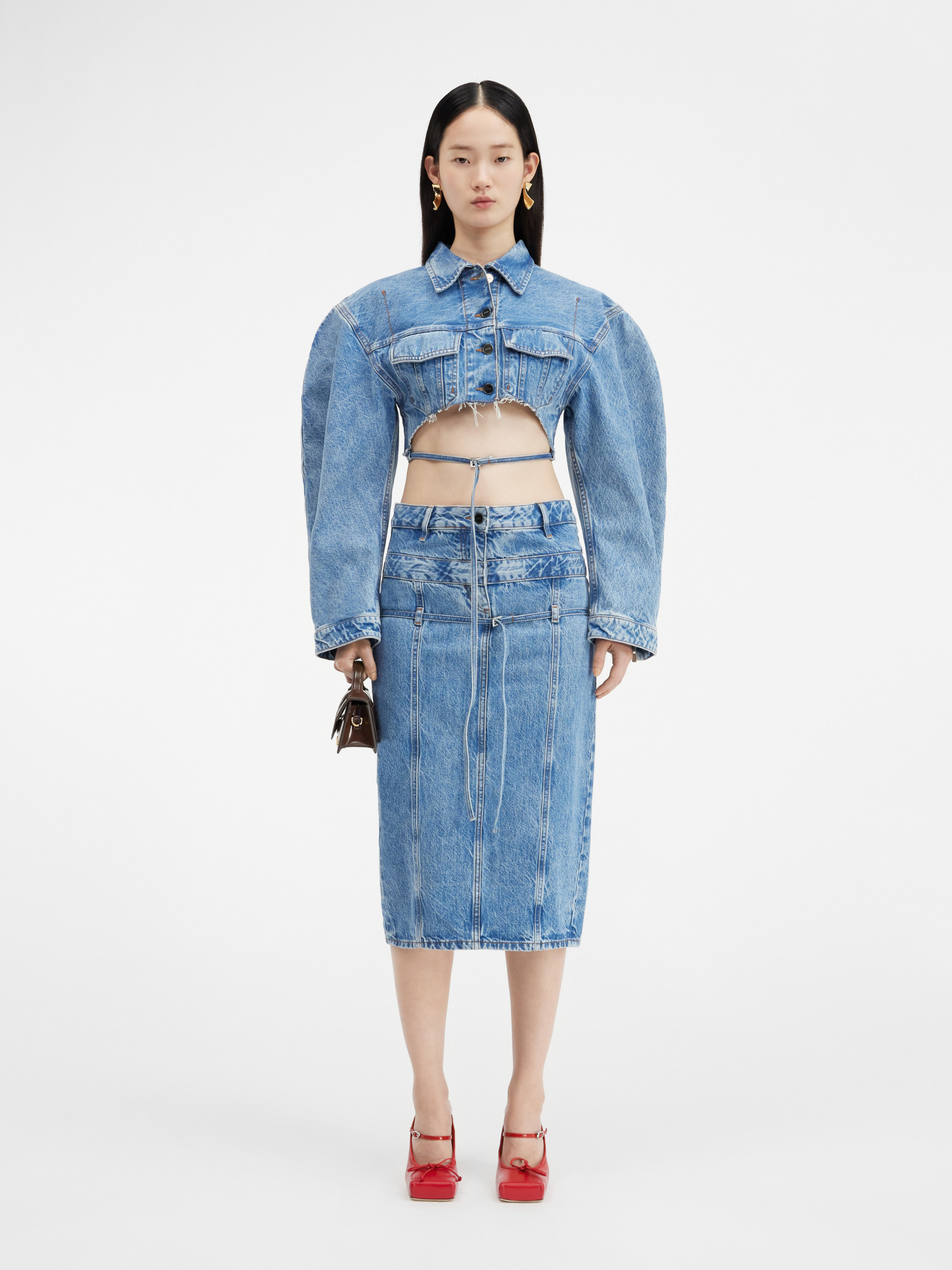 Shop Jacquemus Belted Denim Pencil Skirt In Blue