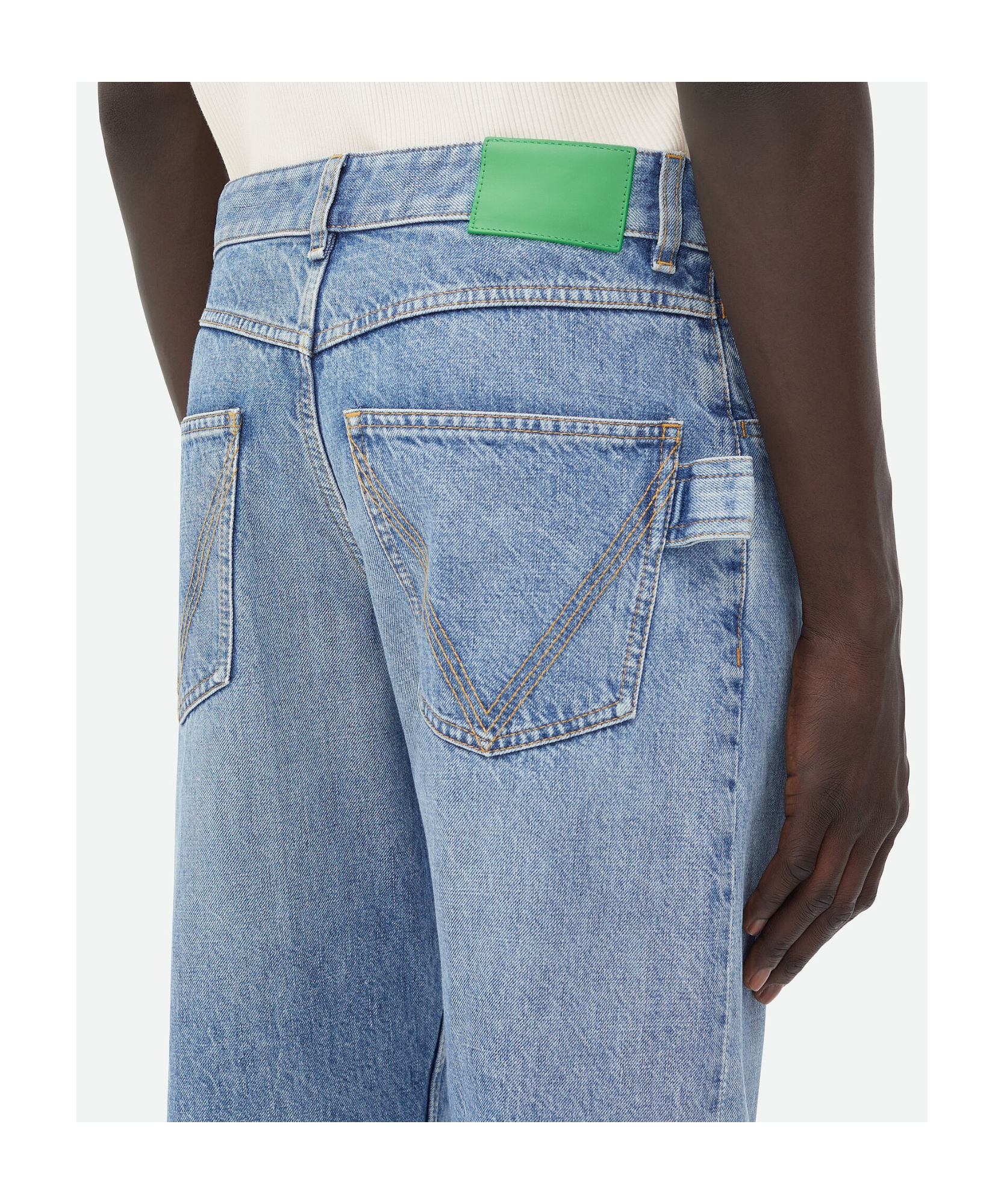 Bottega Veneta Straight Leg Denim Trousers Green Patch In Blue