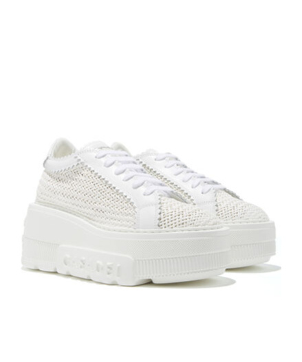 Casadei Nexus Woven Leather Wedge Sneakers In White