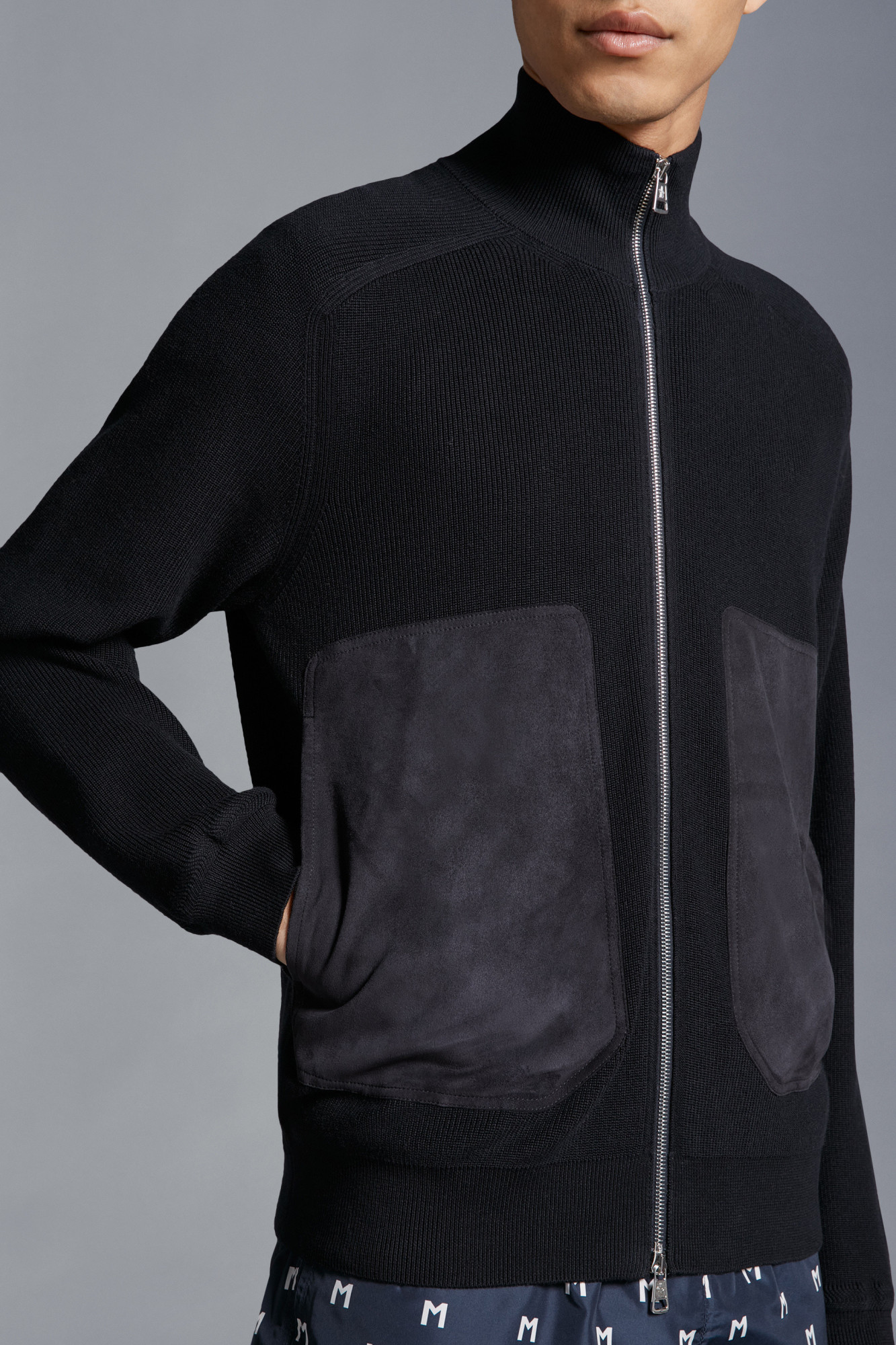 Moncler Suede-panels Cotton-blend Cardigan In Blue