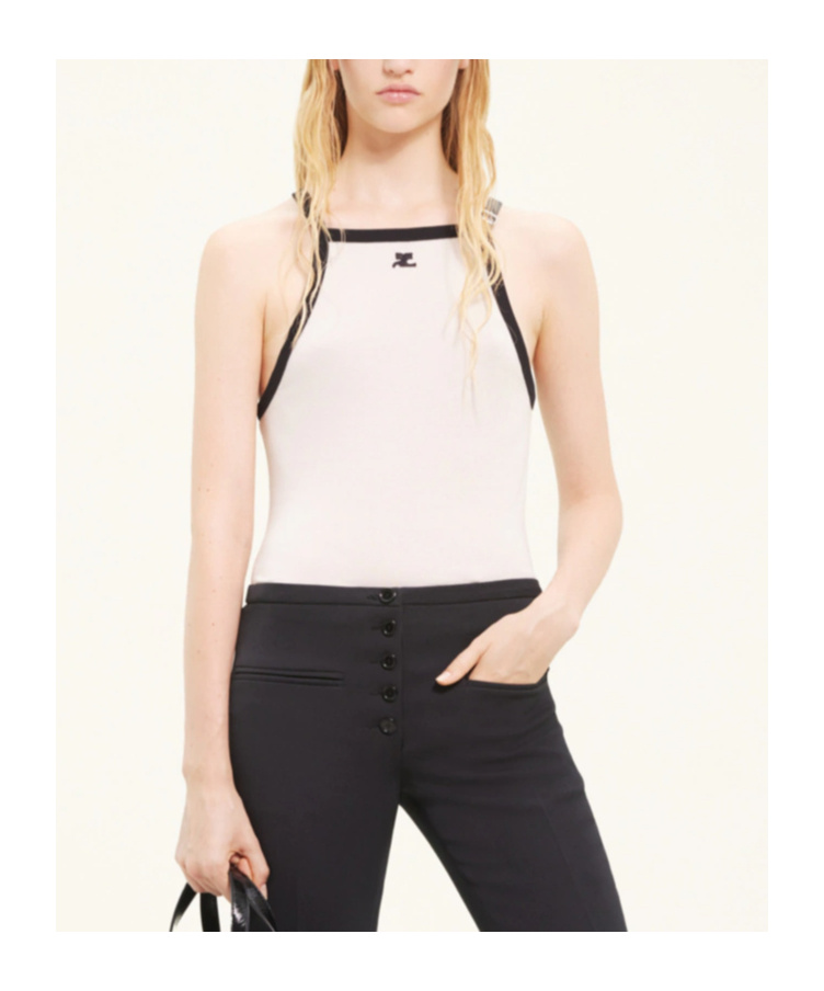 Courrèges Beige Cotton Buckle Tank Top With Contrast Trim In Nude