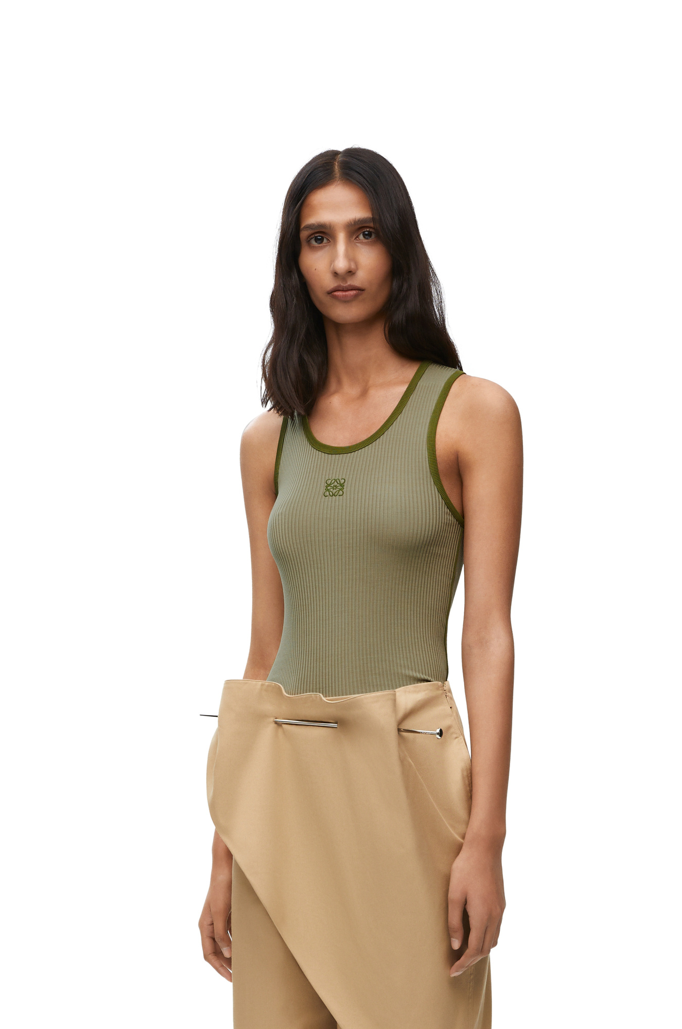 Loewe Embroidered Ribbed Silk Tank In Green