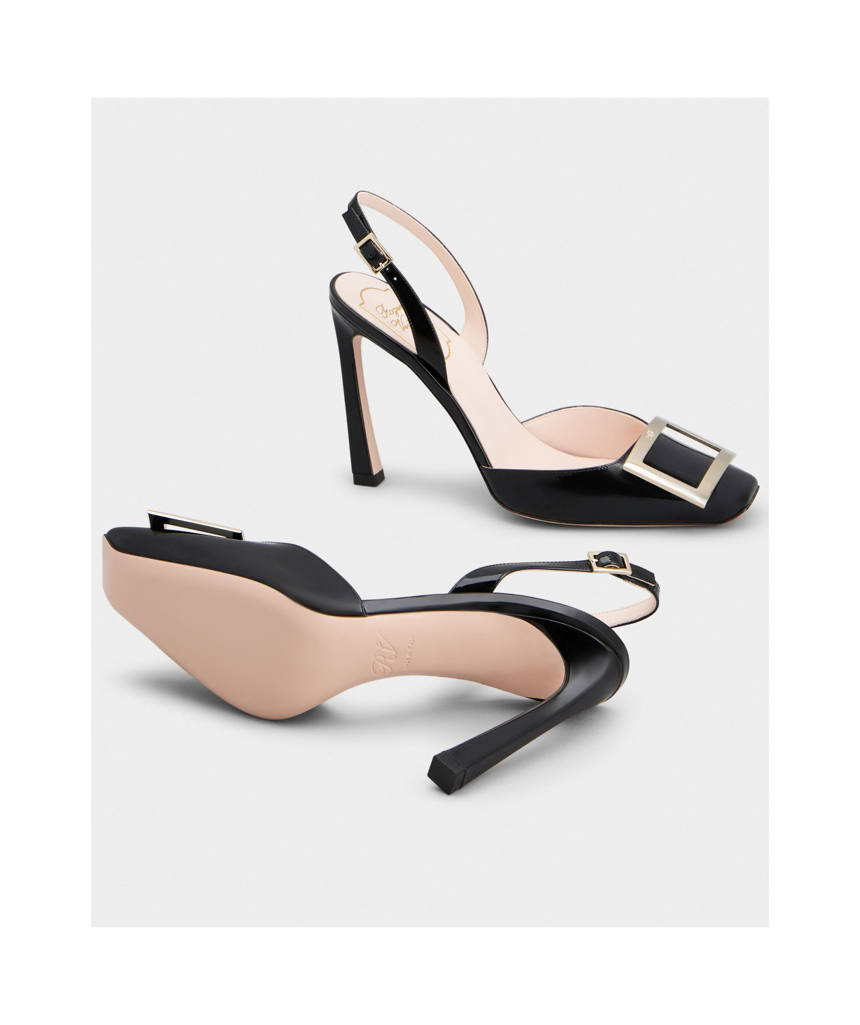 Roger Vivier Trompette Metal Buckle Slingback Pumps In Patent Leather In Black