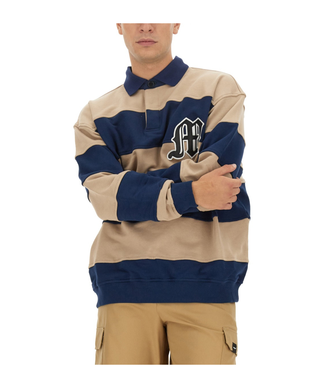 Msgm Logo Striped Polo Collar Sweatshirt In Nude
