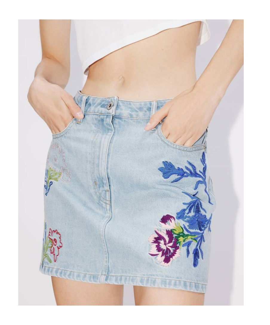 Kenzo Floral-embroidered Mini Skirt In Blue Cotton Denim In Blue
