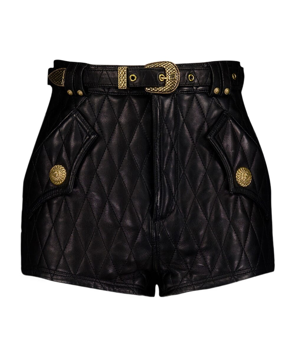 Balmain Black Quilted Leather Shorts In Black