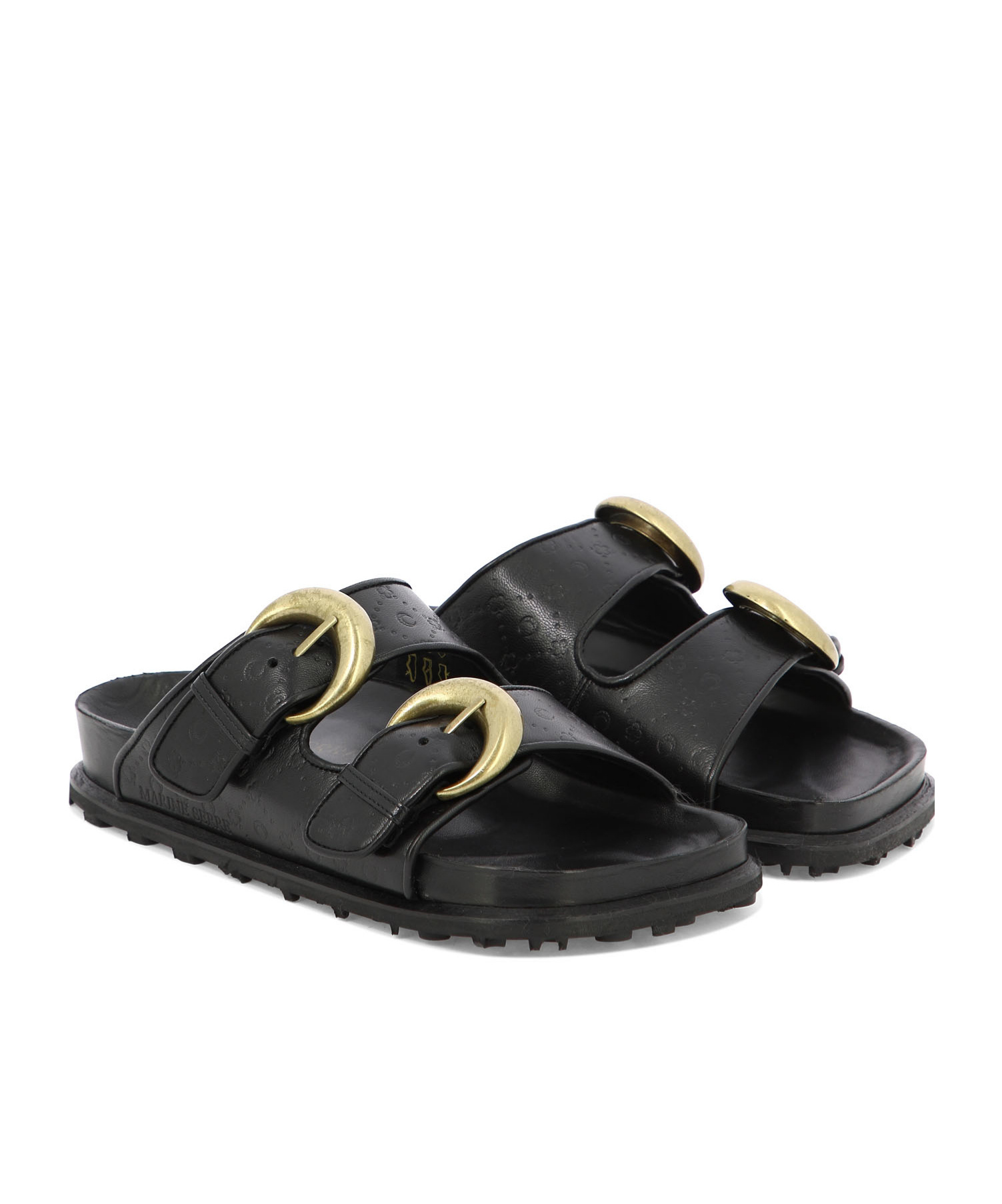 Marine Serre Black Logo Debossed Leather Sandals In Black