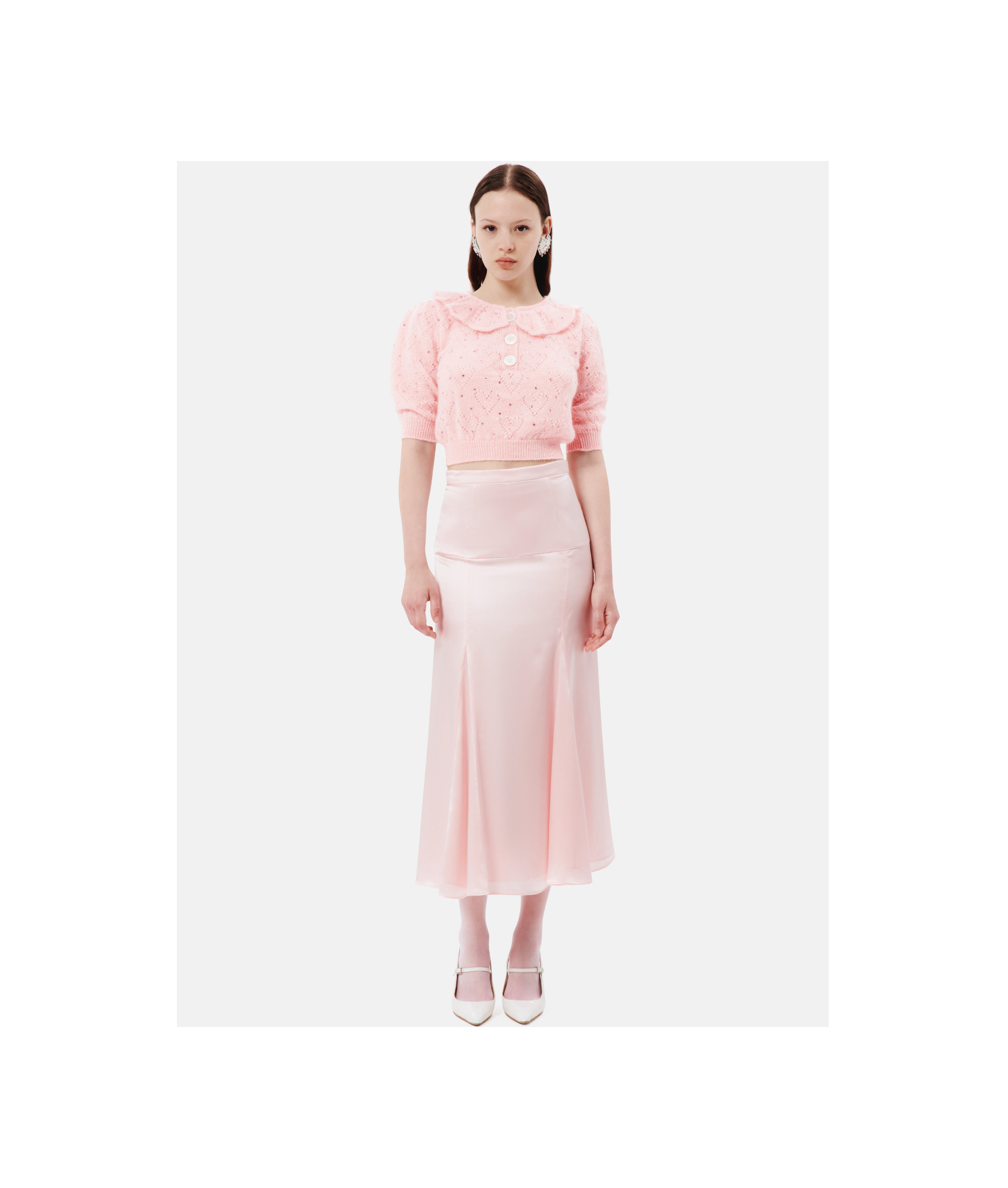 Alessandra Rich Embellished Short Puff Sleeved Knitted Top In Pink
