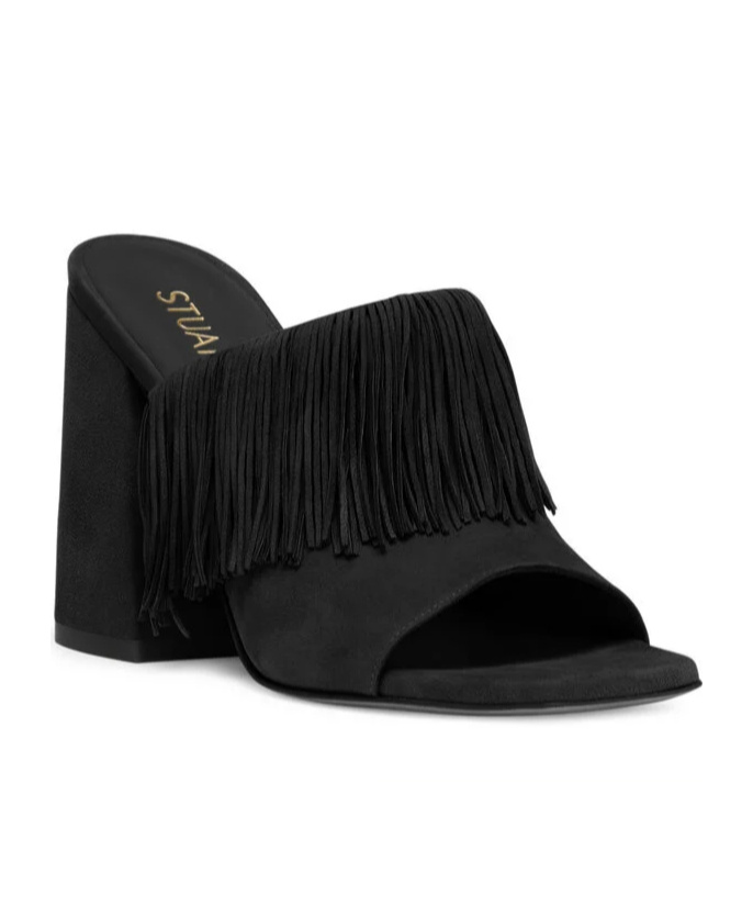 Stuart Weitzman Tia Suede Fringe Mule Sandals In Black