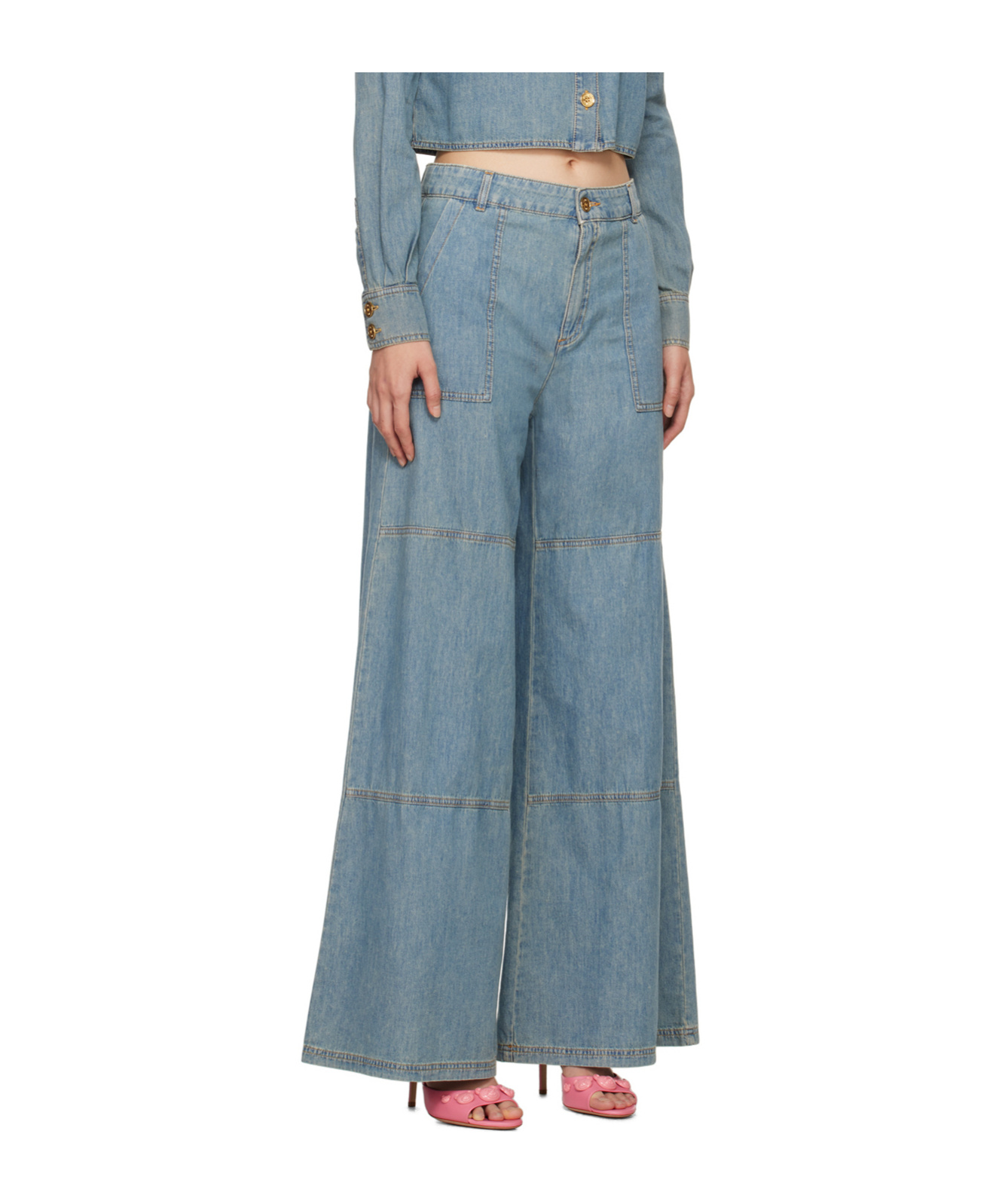 Moschino Wide Leg Sewing Detail Denim Trousers In Gray