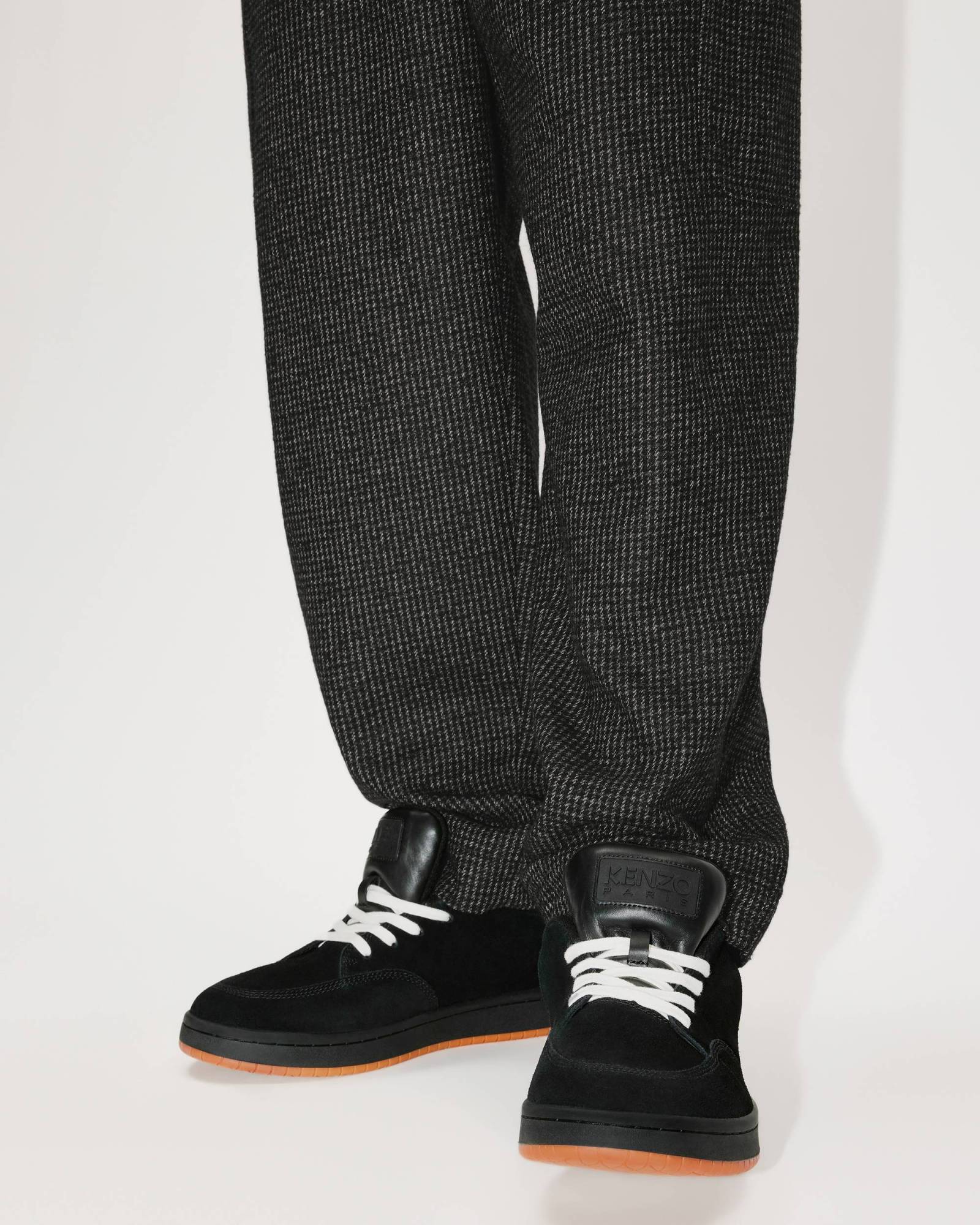 Kenzo Logo-patch Check-pattern Tapered Trousers In Black
