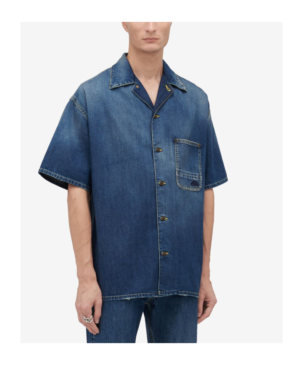 Alexander Mcqueen Blue Denim Effect Short Sleeve Shirt In Cotton Man In Blue