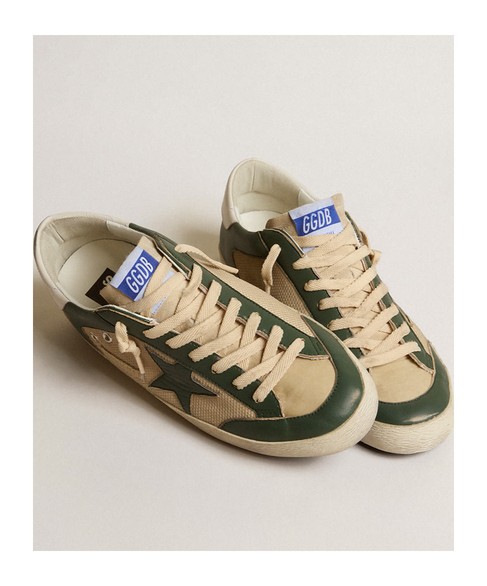 Golden Goose Super-star Ltd In Cream Mesh And Green Nappa With Nappa Star In Brown