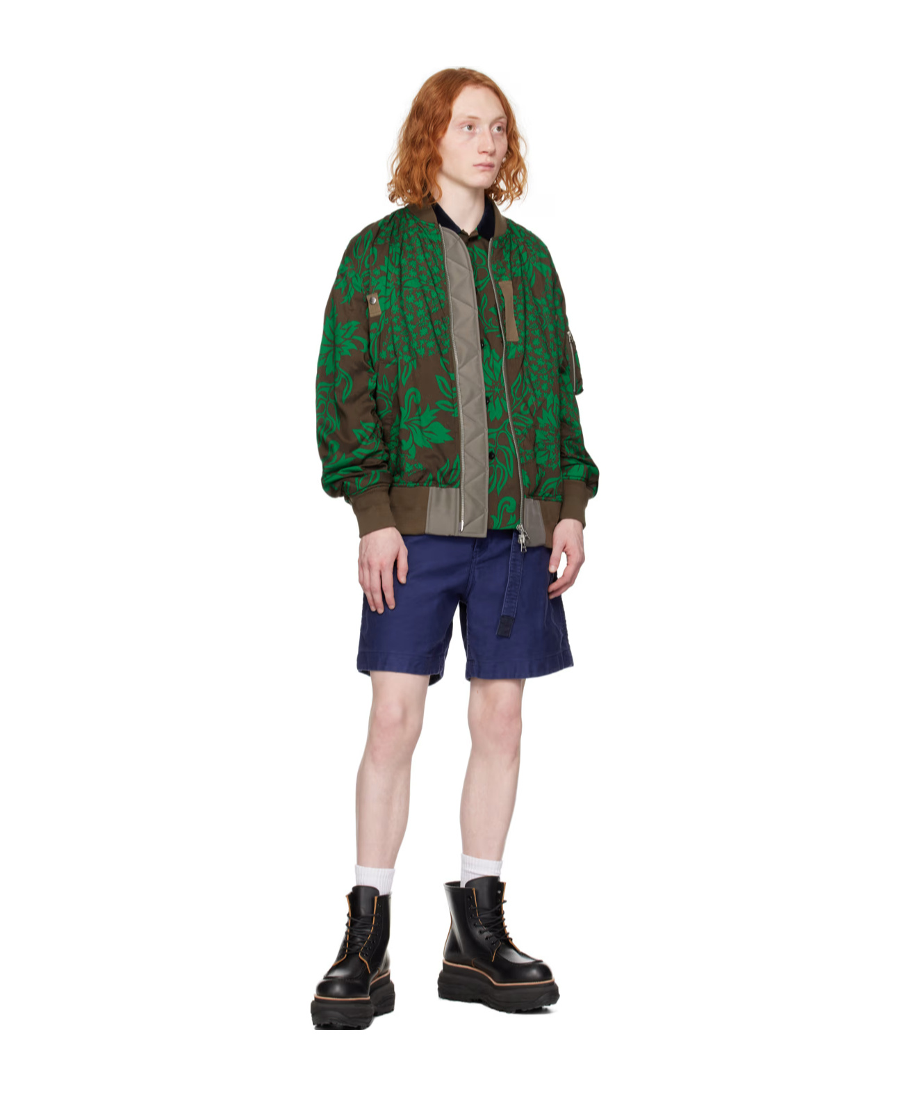 Sacai Brown & Green Floral Bomber Jacket In Multicolor