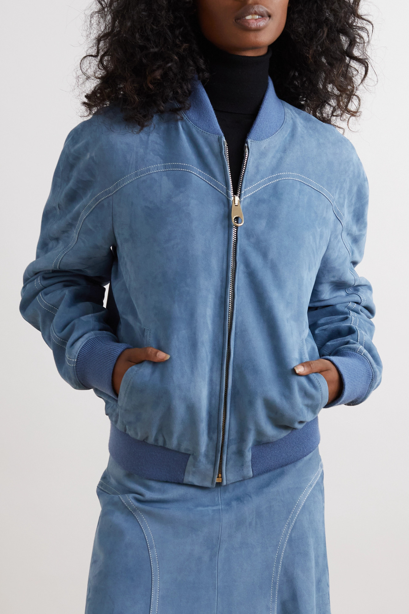 Chloé Blue Grizzled Suede Leather Jacket In Blue