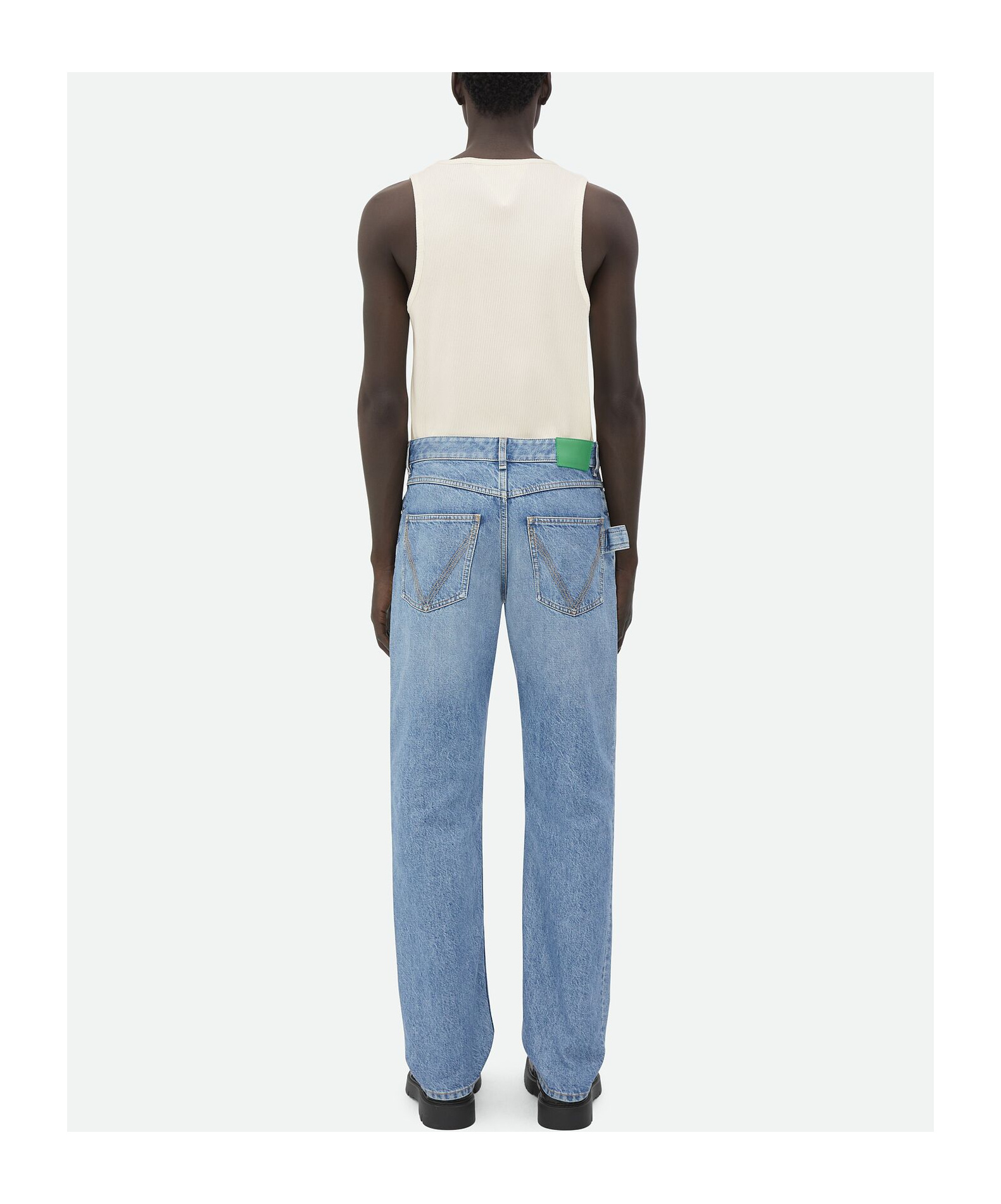 Bottega Veneta Straight Leg Denim Trousers Green Patch In Blue
