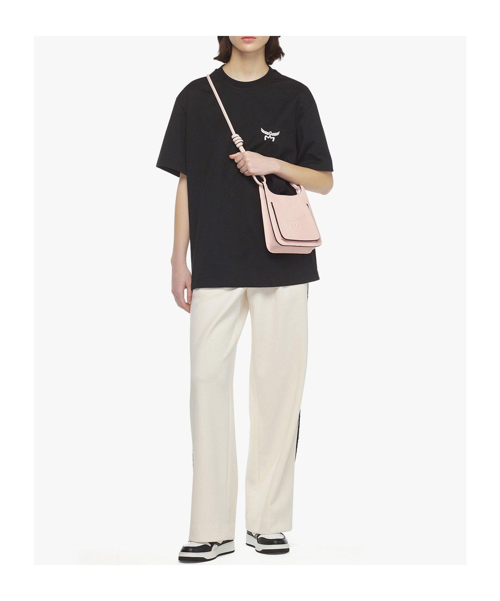 Mcm Himmel Embossed Logo Leather Semilunar Shoulder Bag In Pink