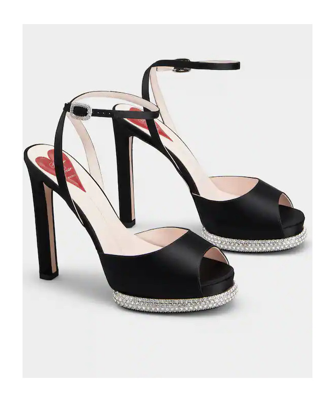 ROGER VIVIER VIV' CHOC STRASS PLATFORM SANDALS IN SATIN