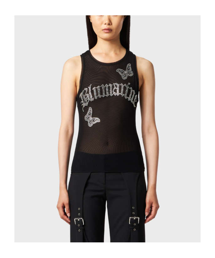 BLUMARINE LOGO-EMBELLISHMENT MESH TANK TOP 