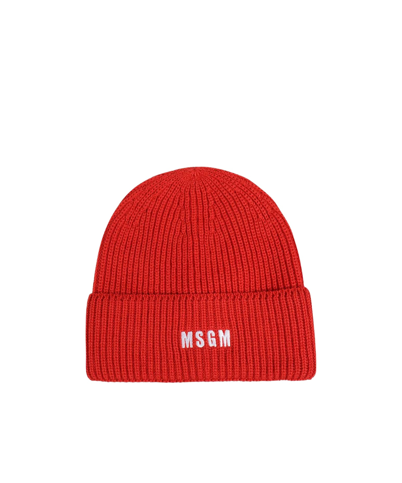 Msgm Logo-embroidered Knitted Beanie In Red