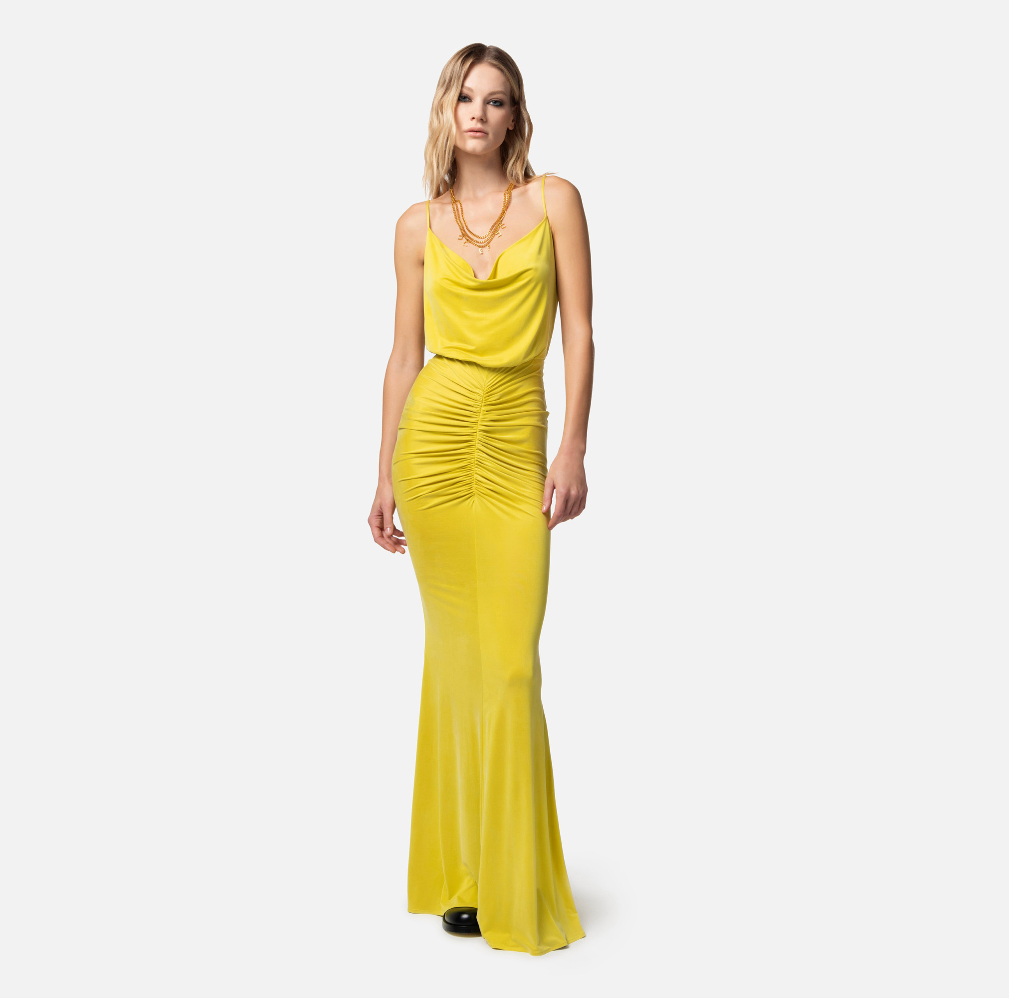 Elisabetta Franchi Red Carpet Dress In Cupro Jersey Draped In Yellow