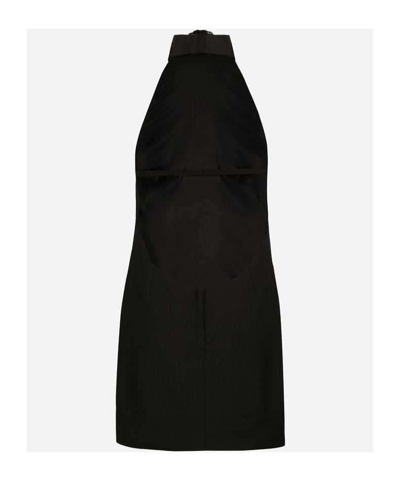 Dolce & Gabbana Black Mini Dress With Floral Detail In Wool Woman In Black