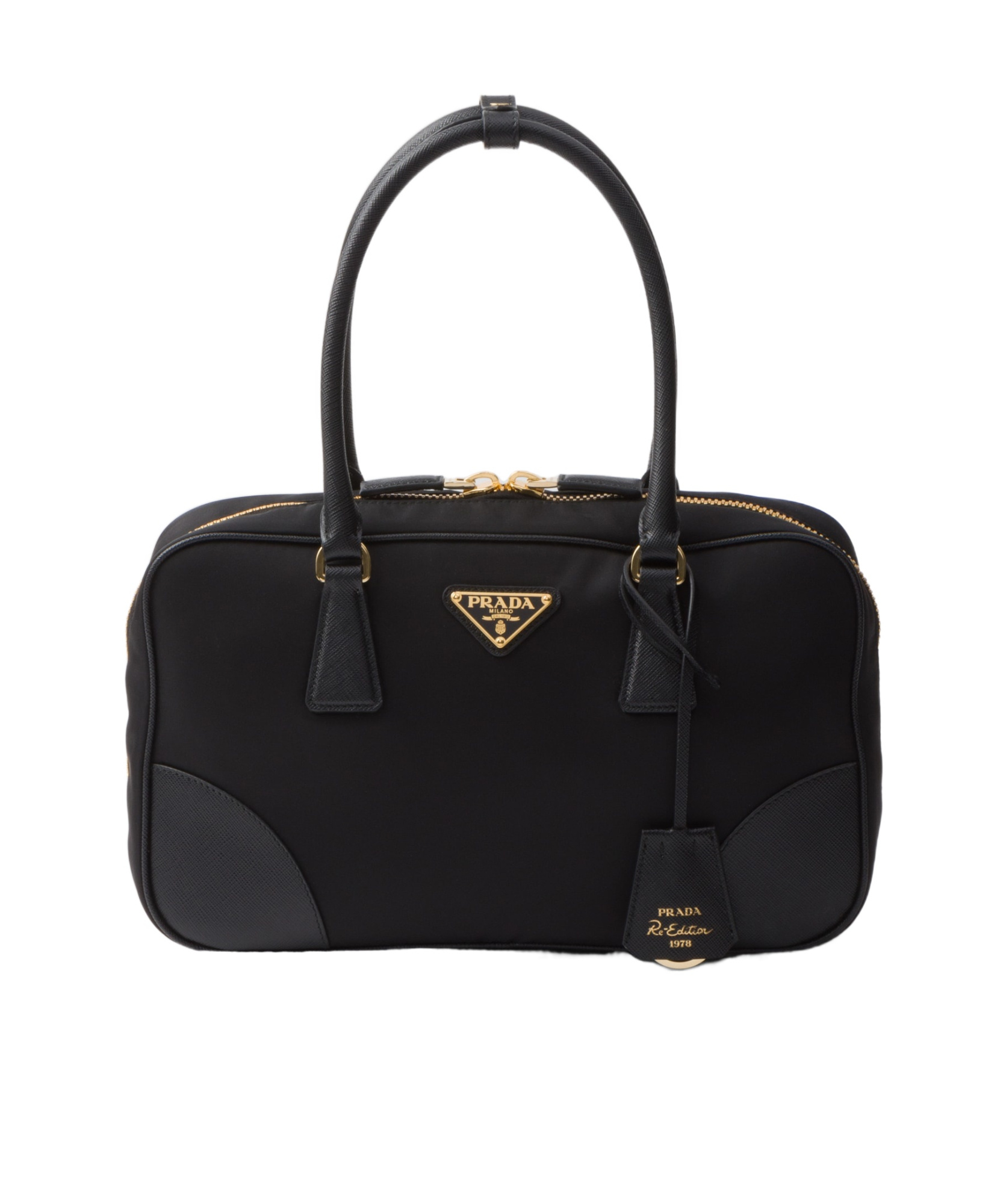 Prada Re-edition 1978 Medium Re-nylon And Saffiano Leather Two-handle Bag In Black