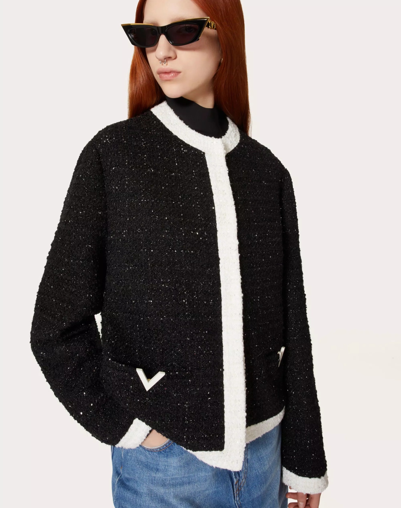 Valentino Sequined Glaze Tweed Jacket In Black