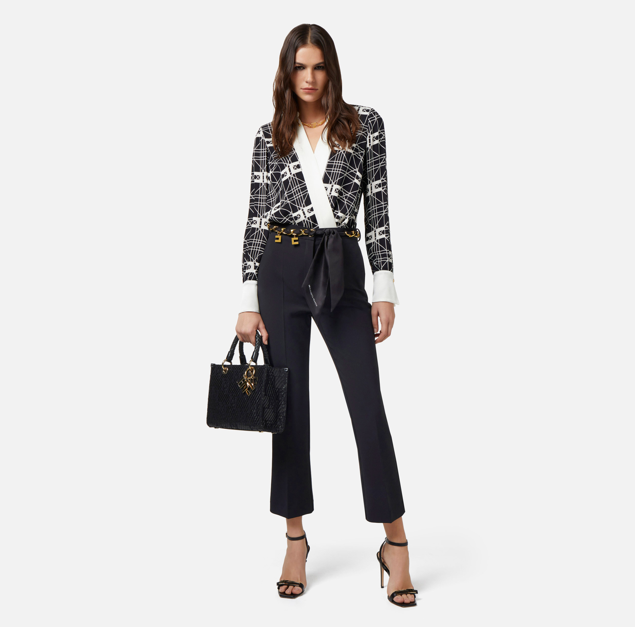 Elisabetta Franchi Wrap V-neck Geometric Long Sleeve Shirt In Black
