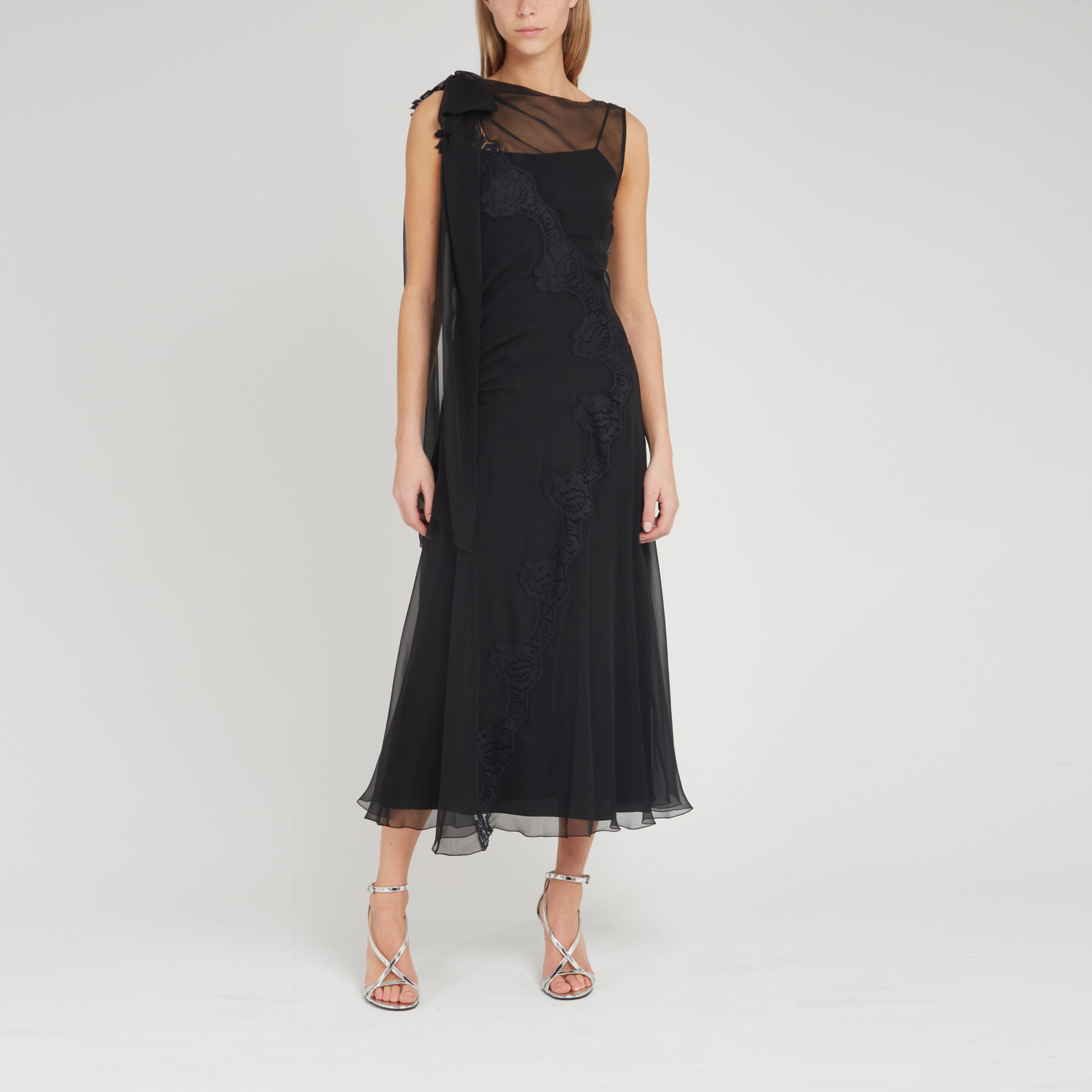 Shop Alberta Ferretti Sheer Silk Midi Dress In Black