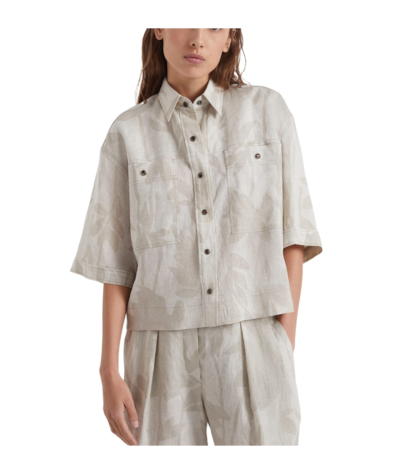 Brunello Cucinelli Floral-print Linen Shirt In White