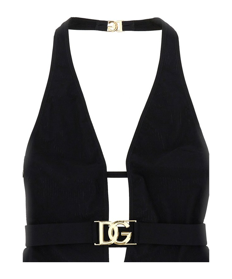 Shop Dolce & Gabbana Logo-plaque Plunge Swimsuit In Black