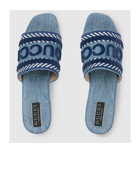 Gucci Jane Velvet-trimmed Embroidered Denim Slides In Blue
