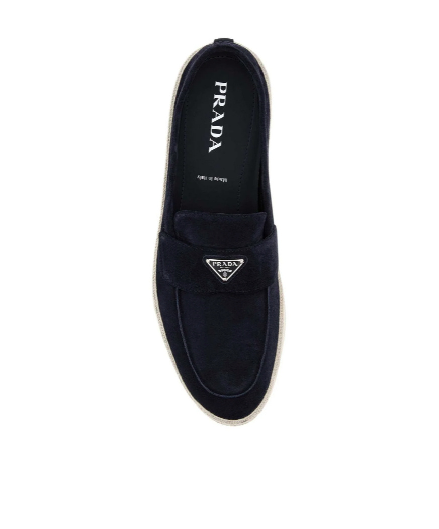 Prada Black Leather Loafers With Contrasting Sole In Blue