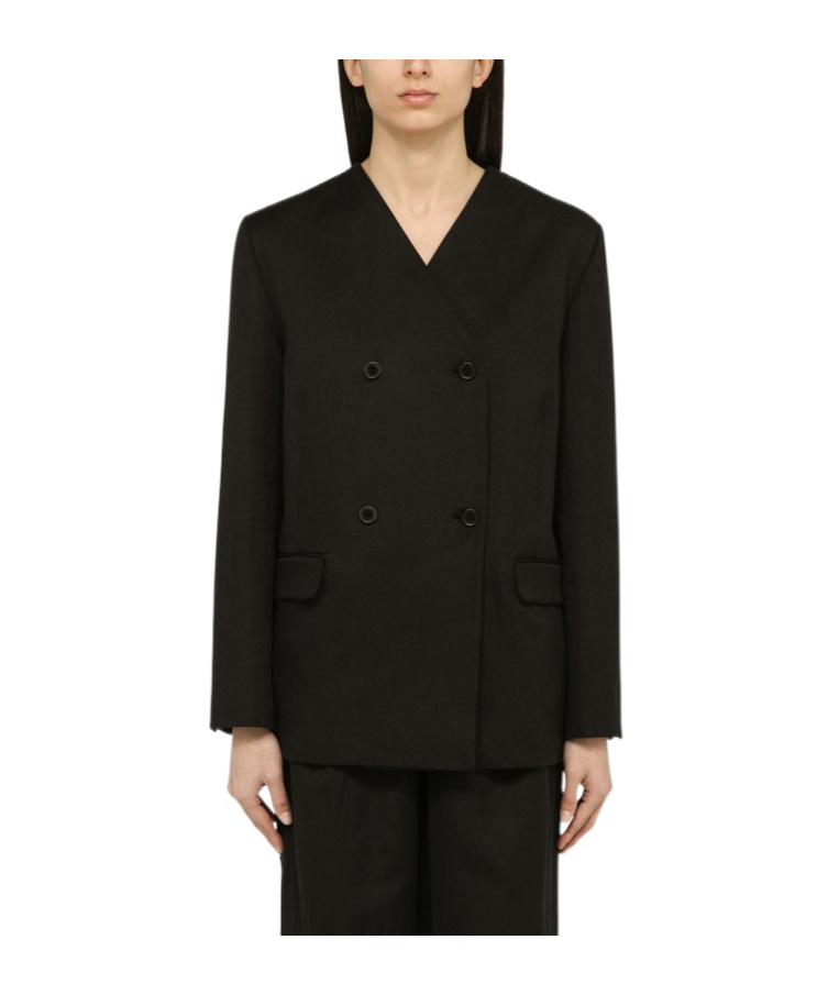 Loulou Studio Black Double-breasted Jacket In Cotton And Linen In Black