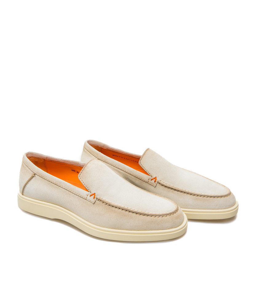 Santoni Loafers With Contrast Stitching And Suede Upper In Nude