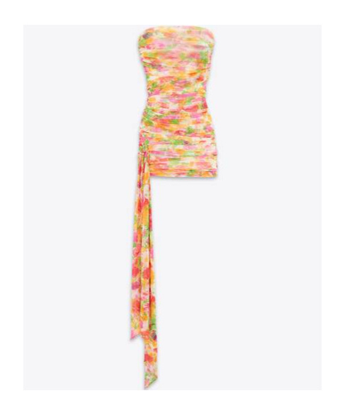Saint Laurent Strapless Asymmetric Ruched Floral-print Tulle Mini Dress In Multicolor