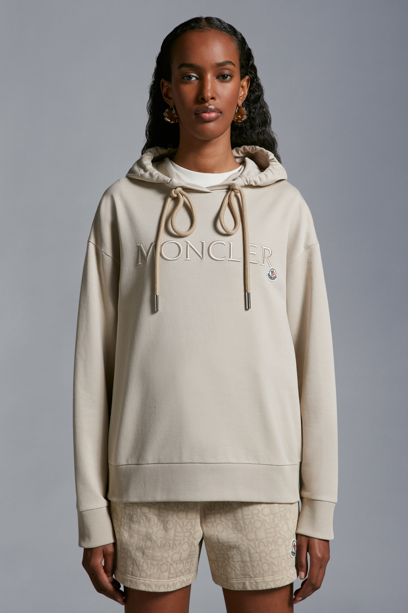 Moncler Logo-embroidered Cotton Hoodie In Nude