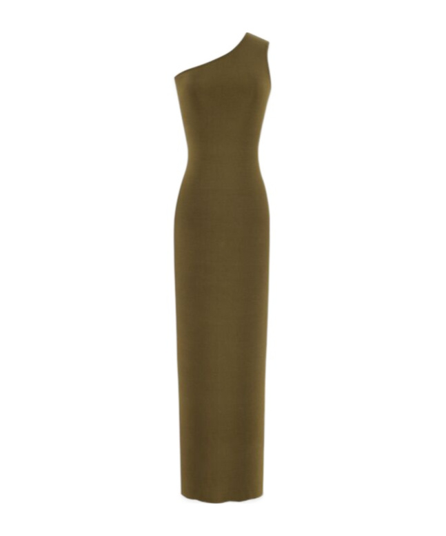 Saint Laurent Maxi One-shoulder Dress Fitted Silhouette In Green